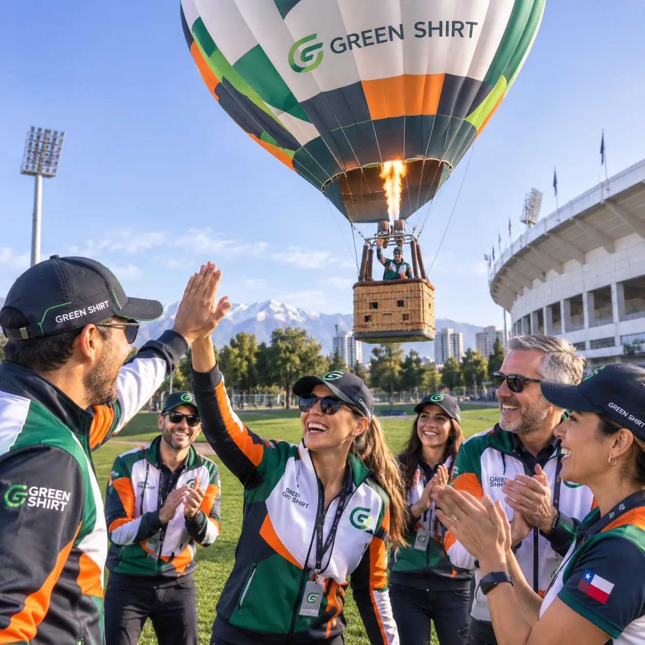 Equipo corporativo celebrando en conjunto bajo un globo aerostático en vuelo