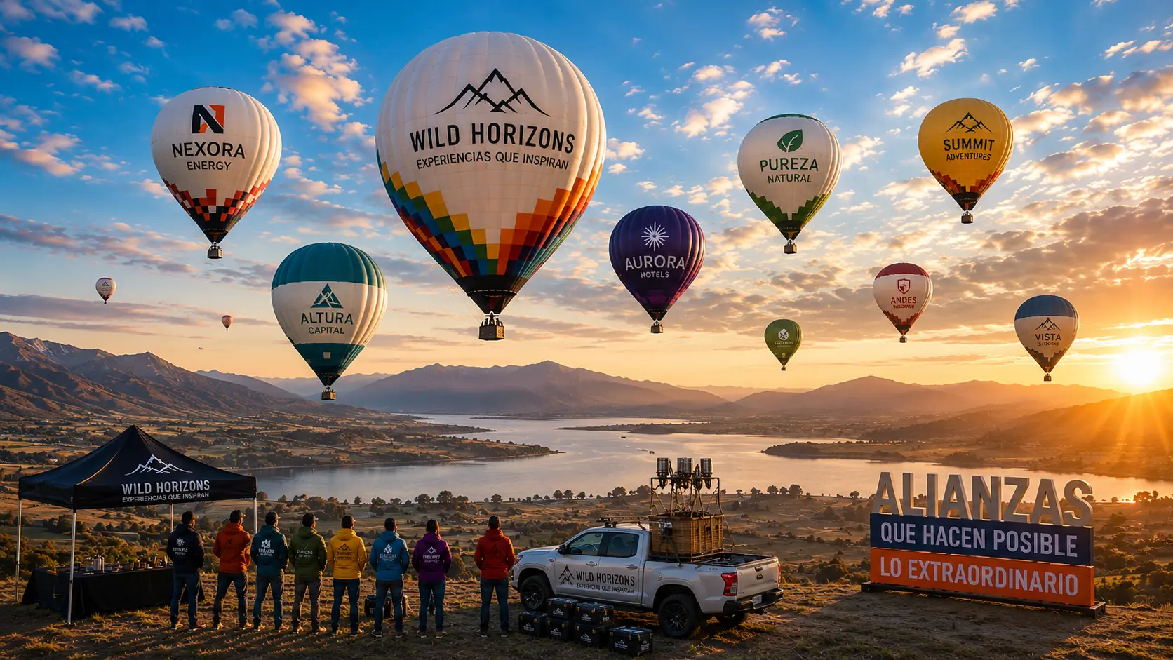 Festival corporativo de globos aerostáticos y equipos reunidos frente a un paisaje de montaña