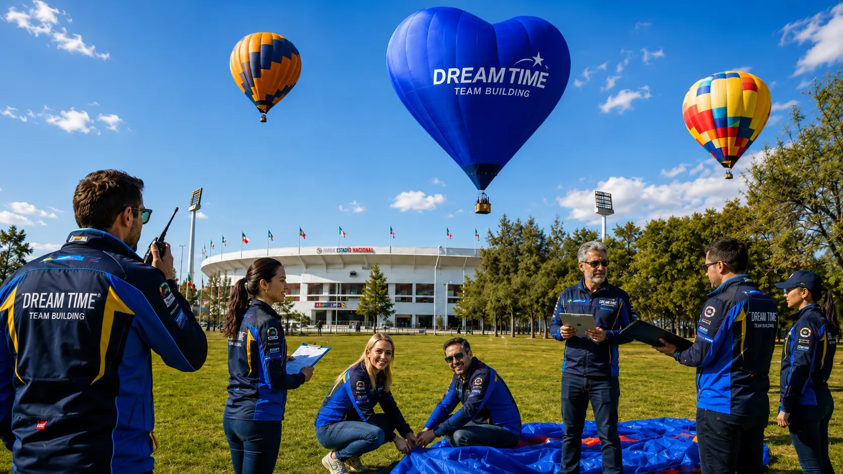 Equipo DreamTime preparando una operación aerostática frente al Parque Estadio Nacional