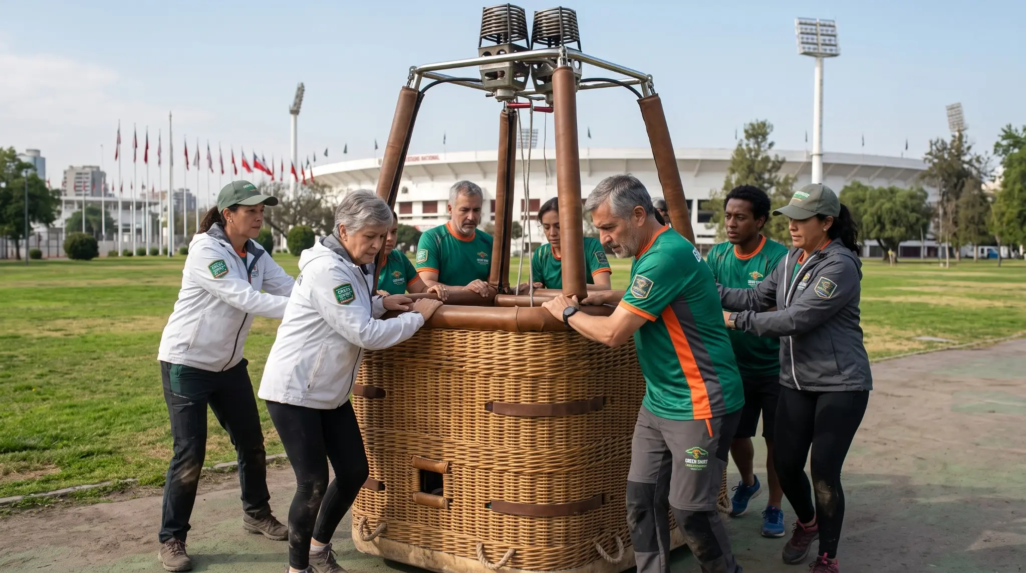 Equipo diverso movilizando en conjunto el canasto de un globo aerostático