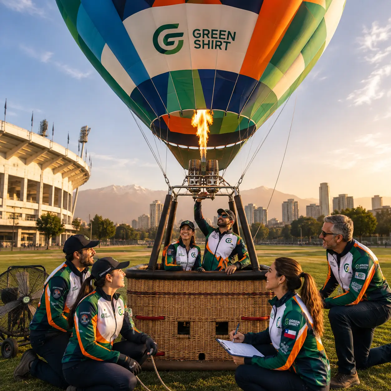 Equipo coordinando el despliegue de un globo aerostático en el Parque Estadio Nacional