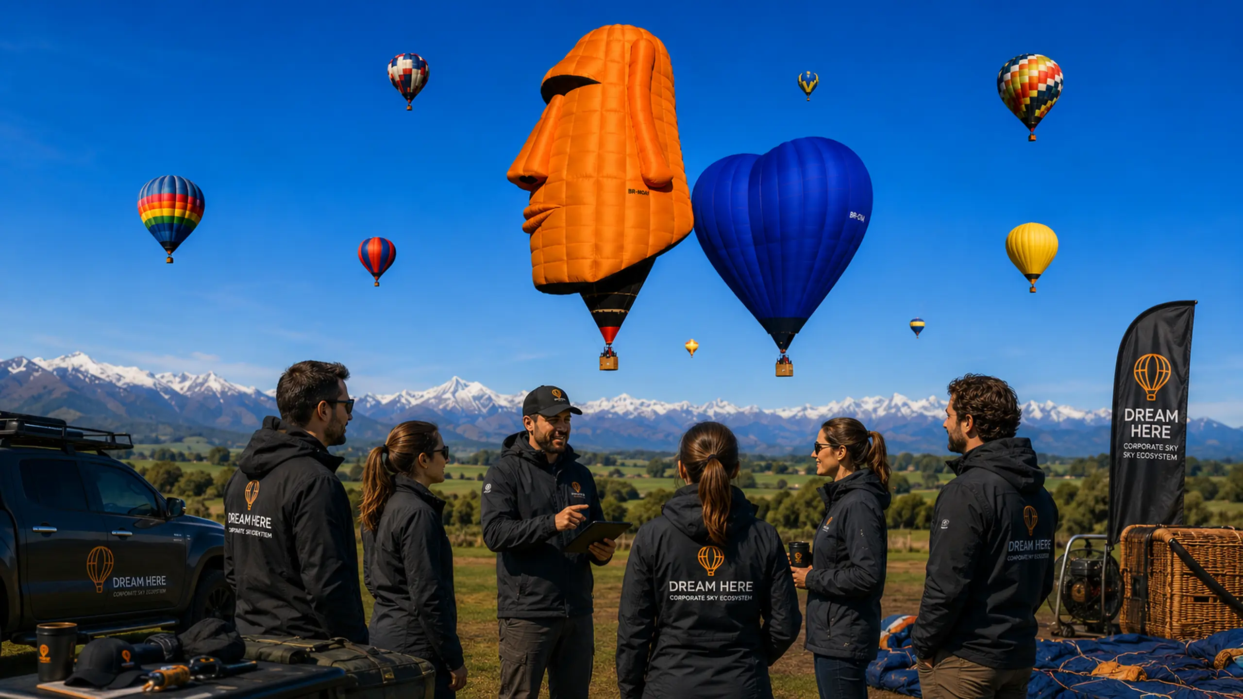 Equipo corporativo en una experiencia de team building con globos aerostáticos en Chile