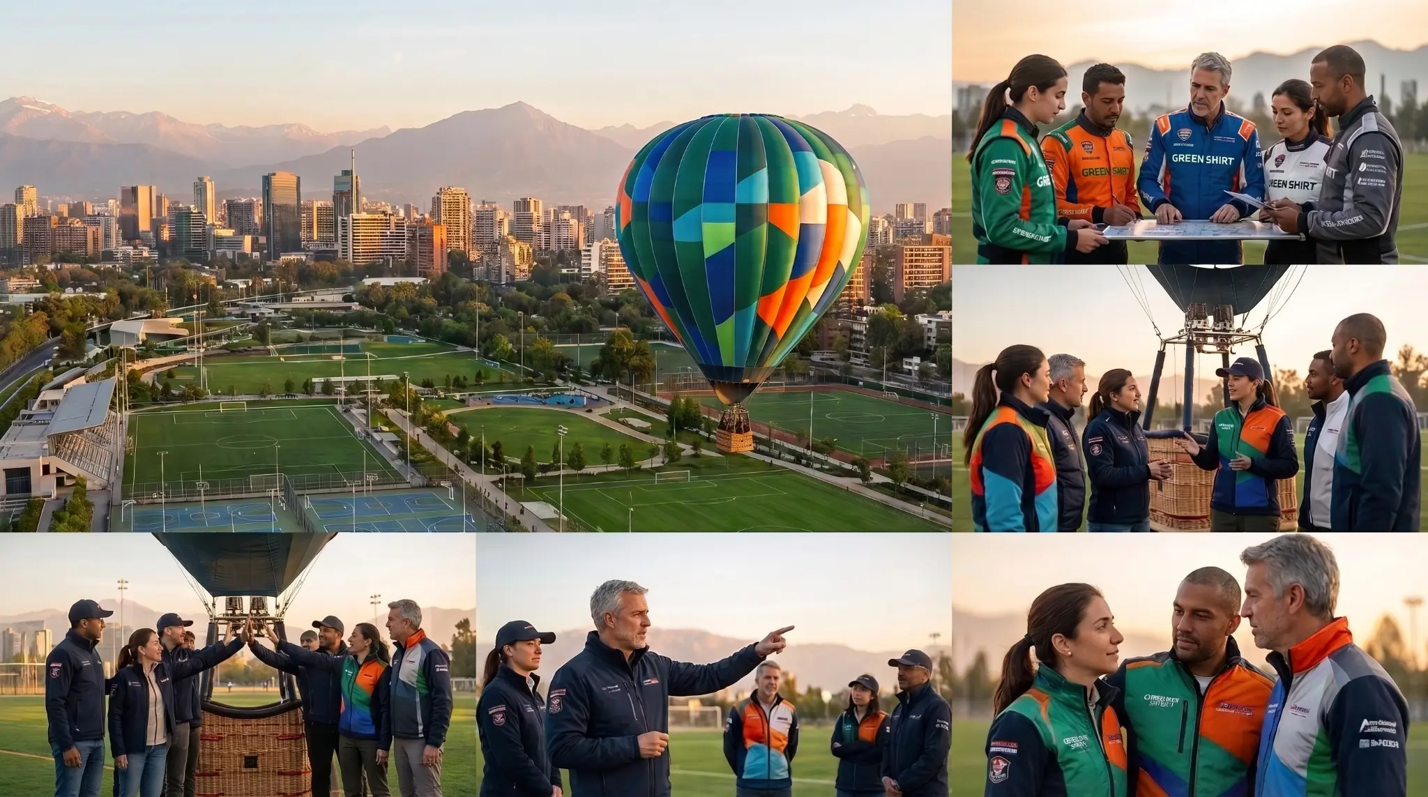 Composición completa de una experiencia corporativa DreamTime con equipos y globo aerostático en Santiago