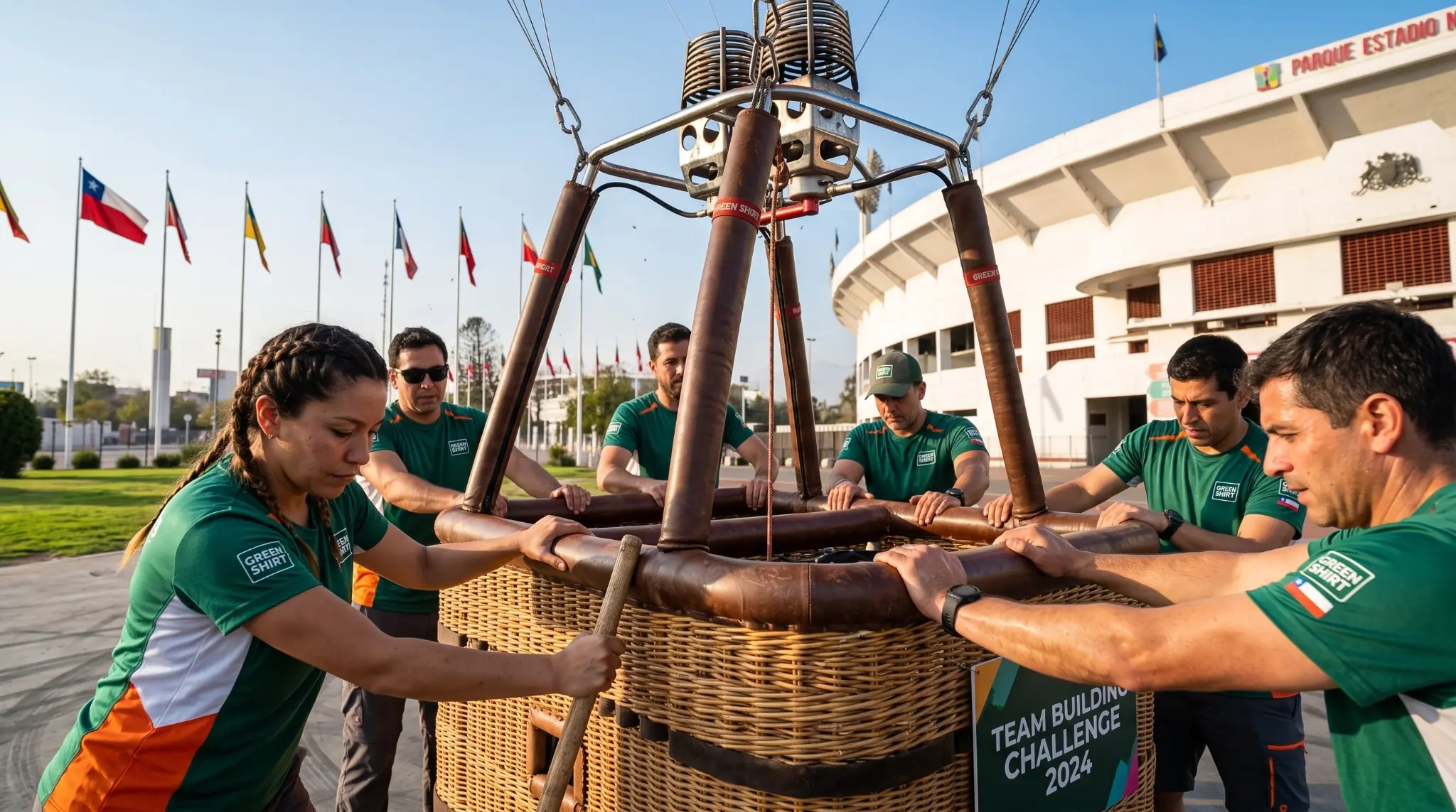 Equipo trabajando unido alrededor del canasto de un globo aerostático