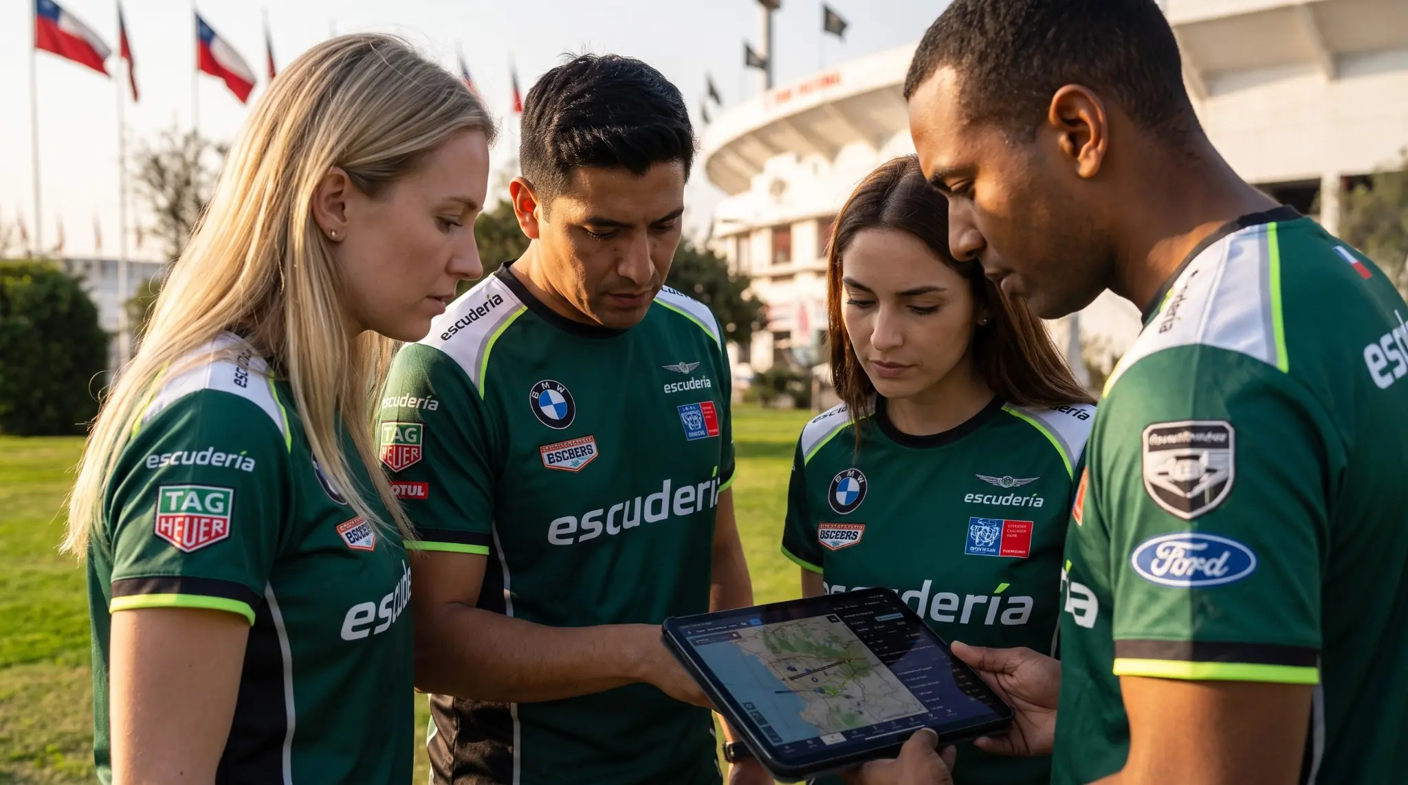 Escudería corporativa revisando un plan de vuelo en una tablet junto al Parque Estadio Nacional