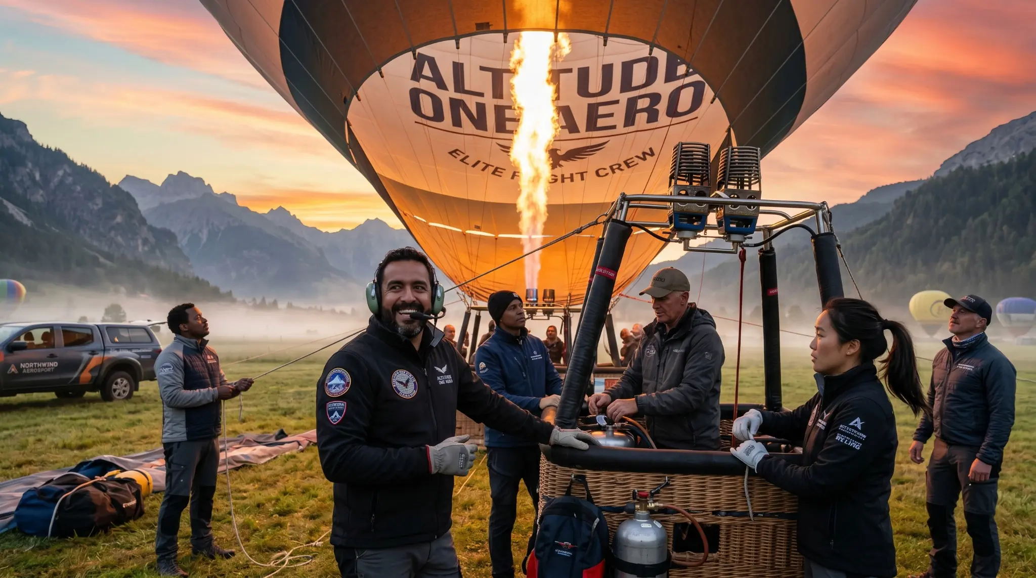 Tripulación aerostática trabajando junto al quemador al amanecer