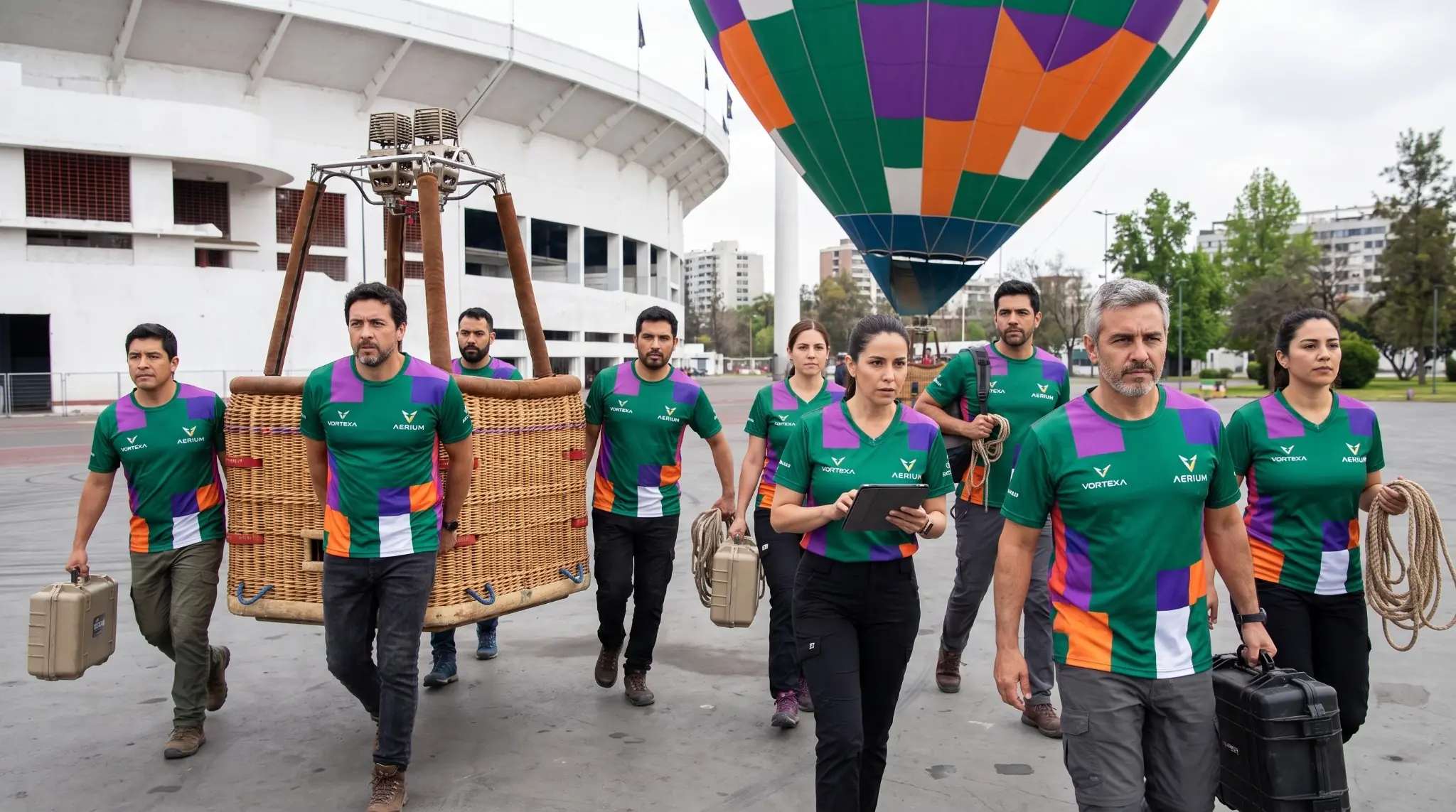 Equipo corporativo trasladando coordinadamente el canasto y el equipamiento aerostático